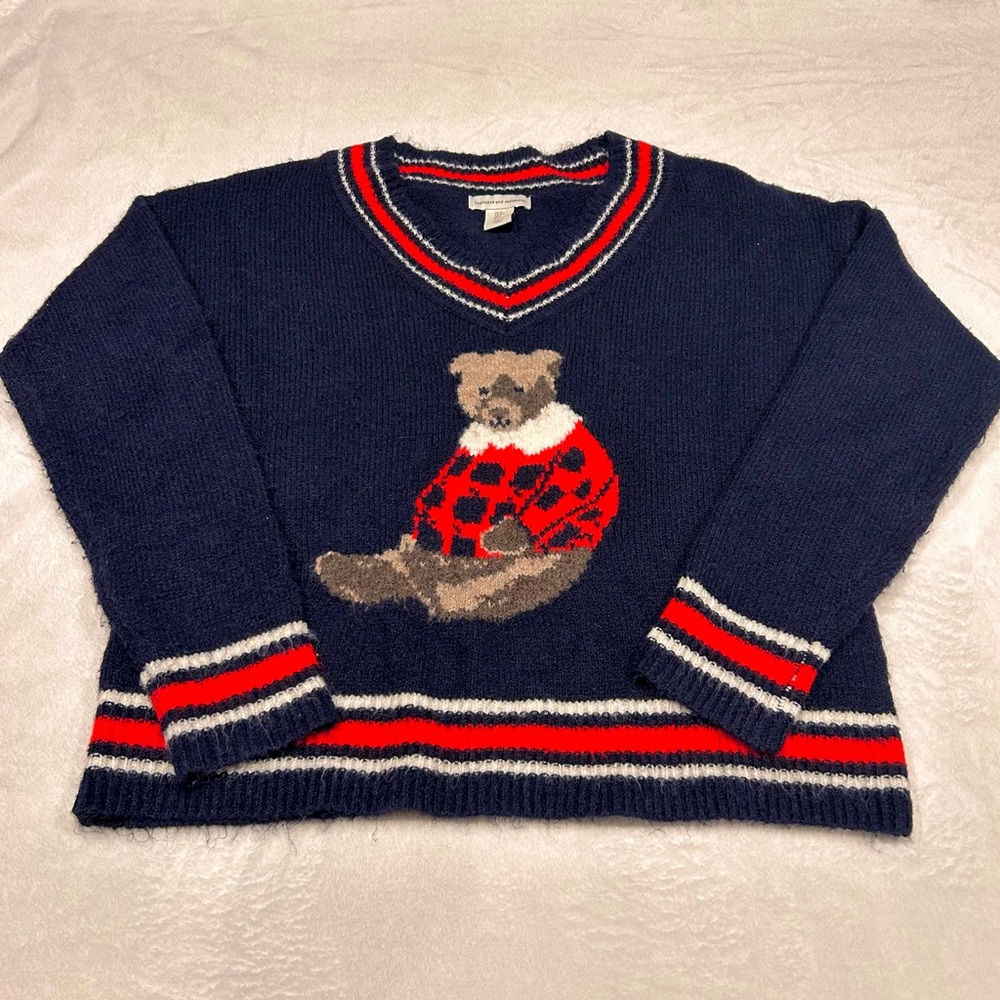 Cupcakes and Cashmere Sweater Womens S Navy Blue Bear Plaid V-Neck Varsity Knit